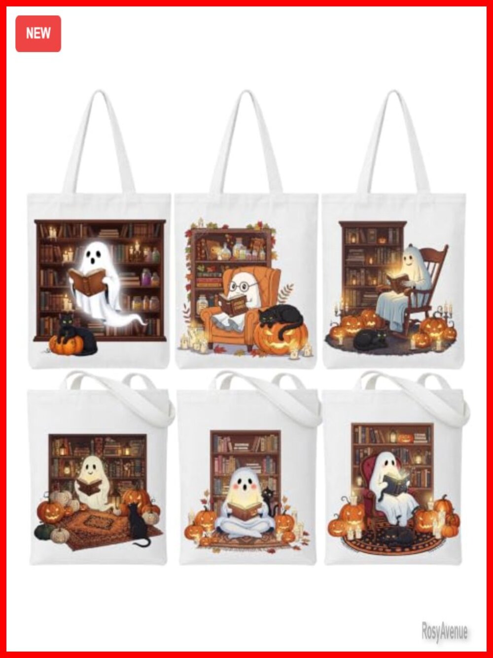 6 Pc Halloween Canvas Tote Bag Set Ghost Reading Design Large Reusable